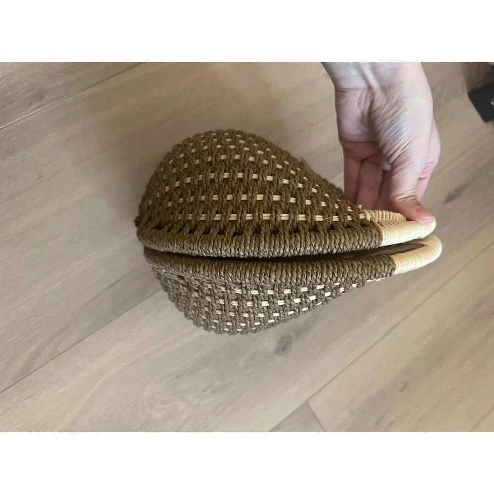 Woven Round Straw Handbag Brown Cream Rattan Ring Handle Boho Summer Circle Bag - Picture 3 of 6